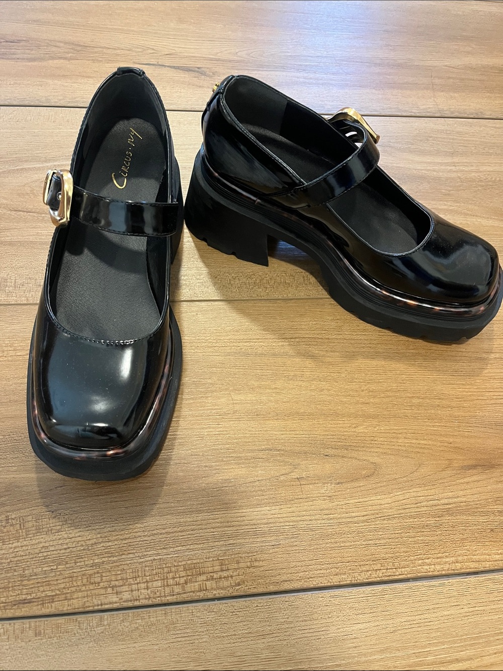 Circus by Sam Edelman Black Patent Mary Jane Platform Shoes with Gold Buckle